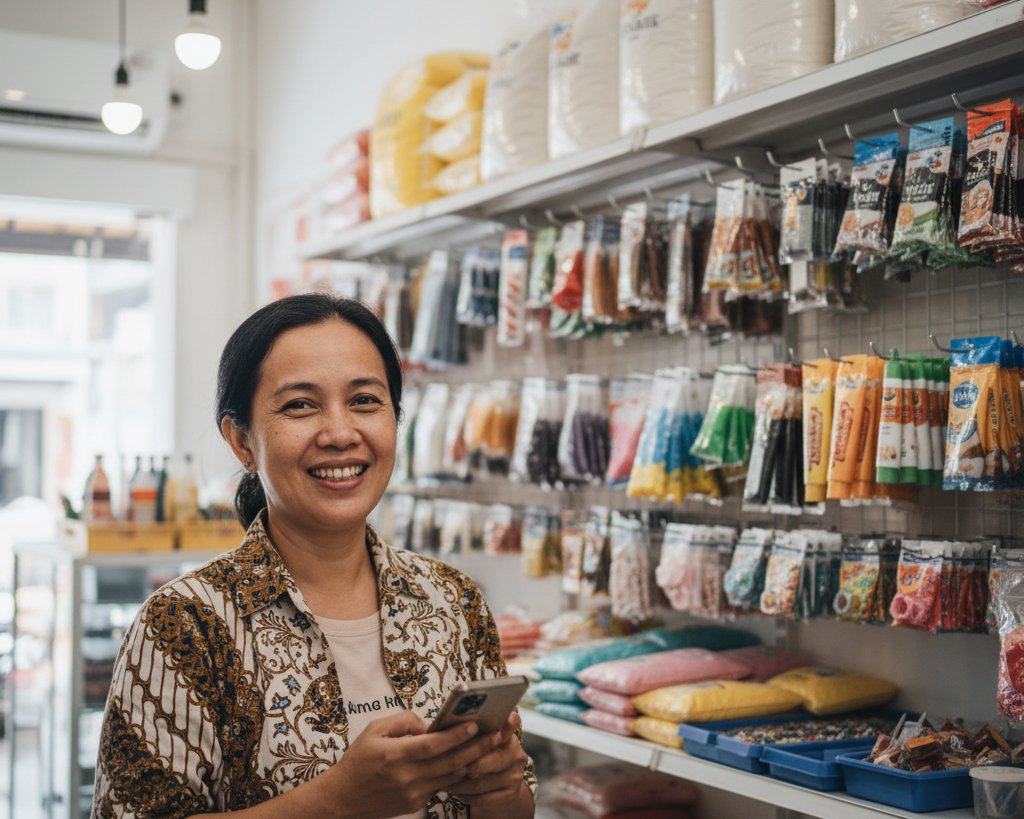 Pemilik toko bahan kue menggunakan Bicara AI
