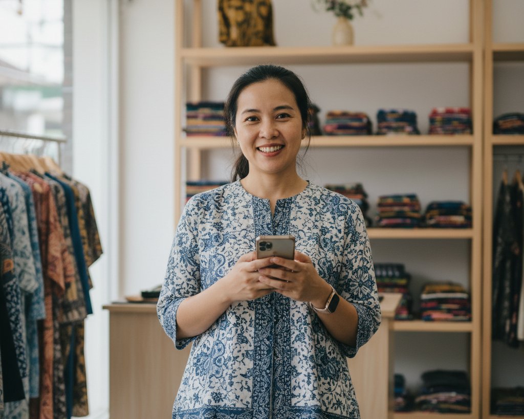 Pemilik toko batik menggunakan Bicara AI