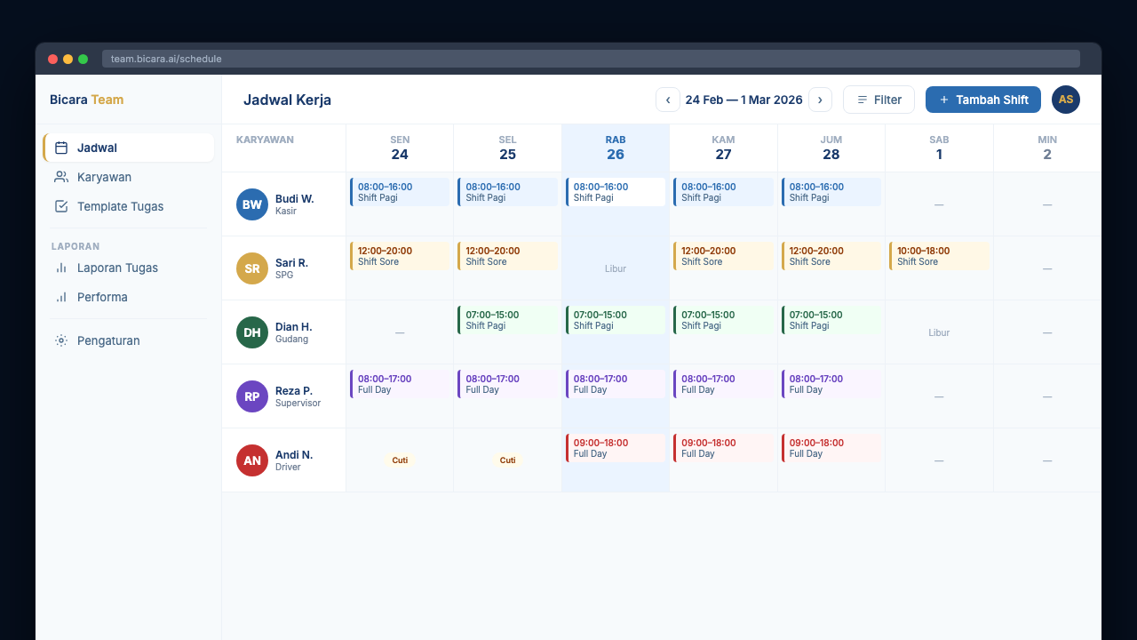 Bicara Team — Jadwal Kerja
